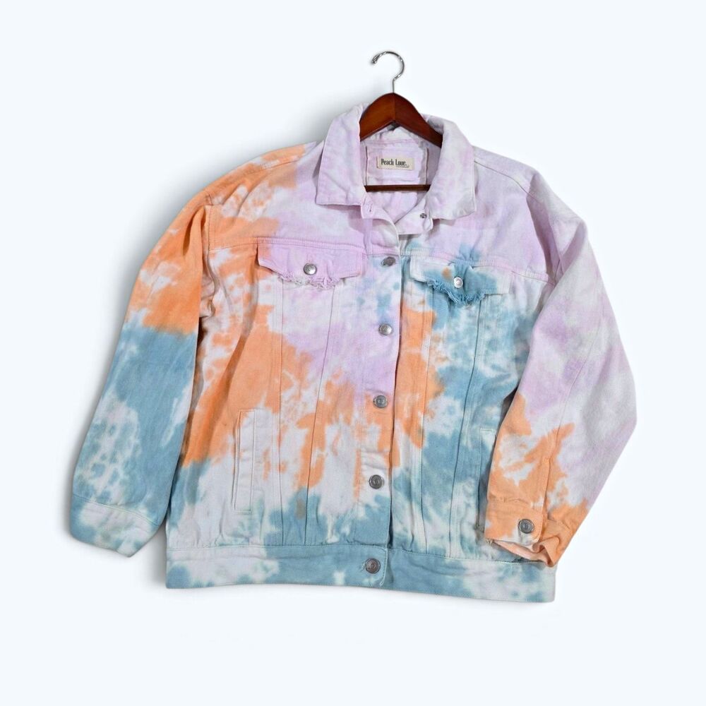 Peach Love California Tie Dye Denim Jacket Pastel Pink Orange Blue Med